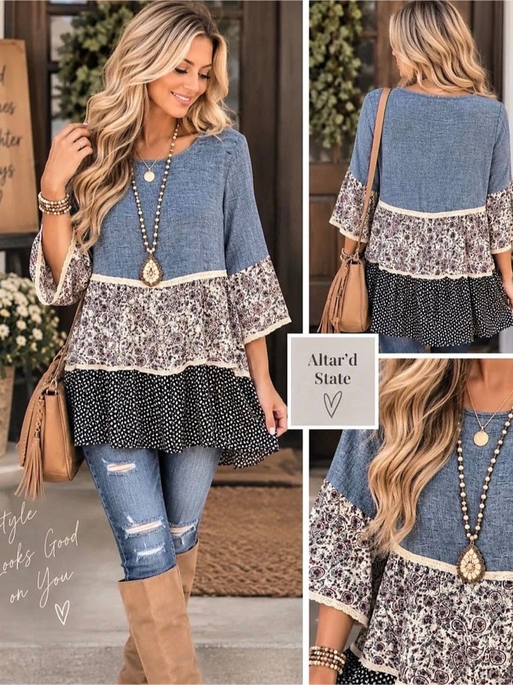 Altar'd State Floral Ruffle Tunic in Blue & Black